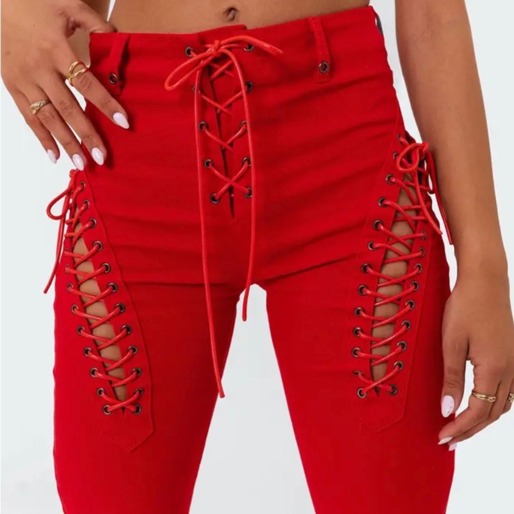 Red edited flared jeans